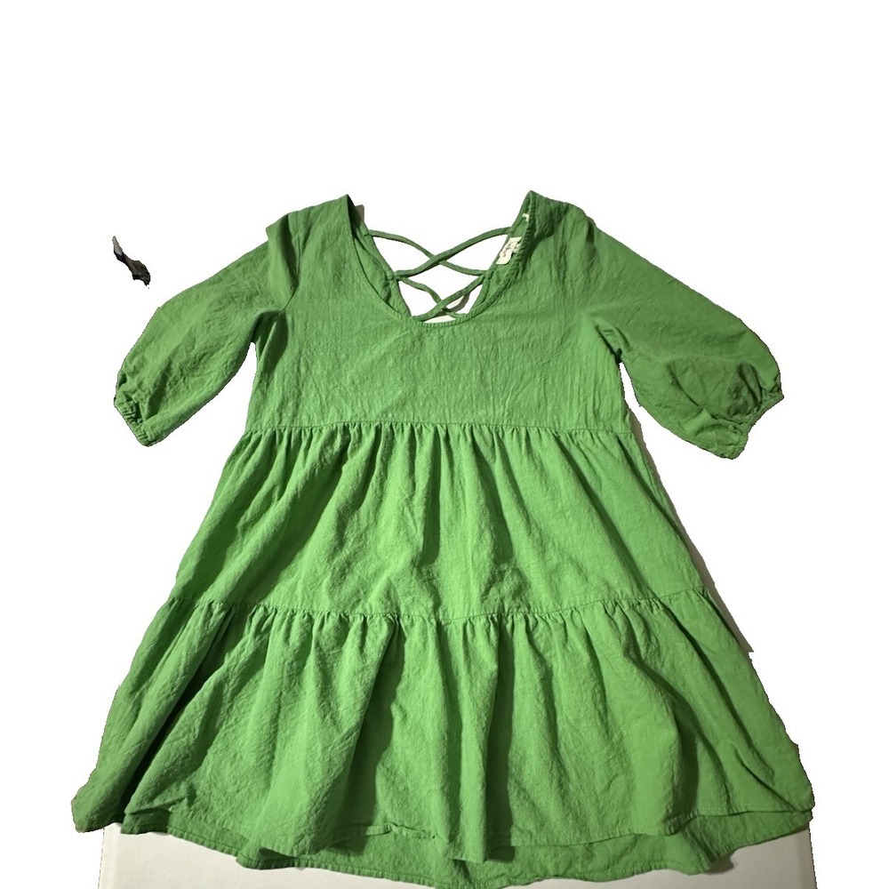 Umgee Green Tiered Babydoll Dress Puff Sleeve Criss Cross Back Size M